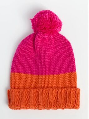 Pink Lily - Colorblock Pom Beanie - Hot Pink & Orange